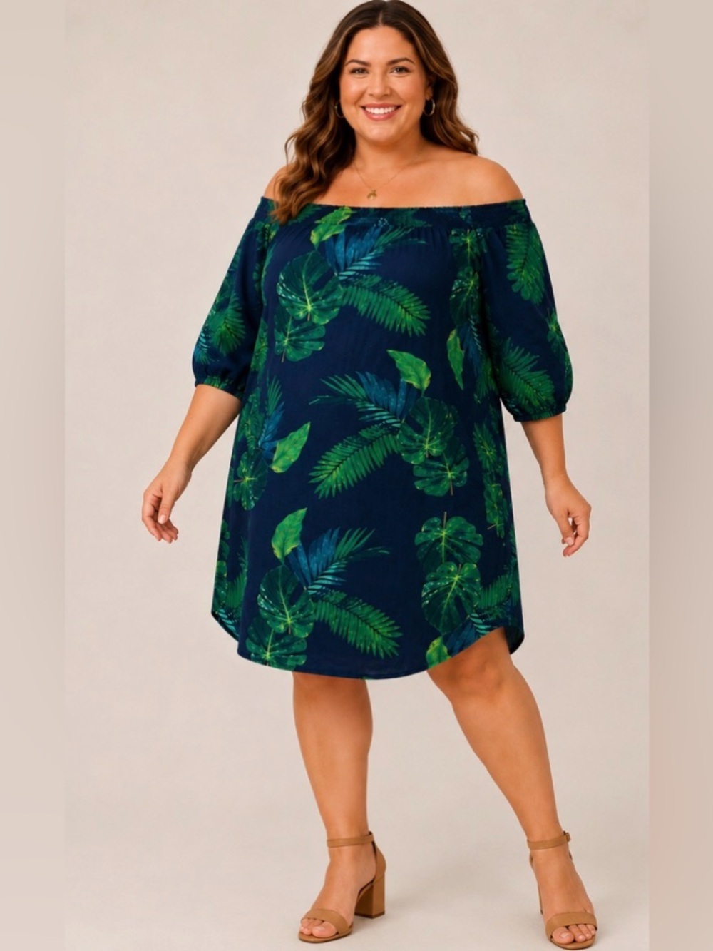 Old Navy Off-the-Shoulder Smocked Shift Dress Tropical Leaf XXL Linen Blend